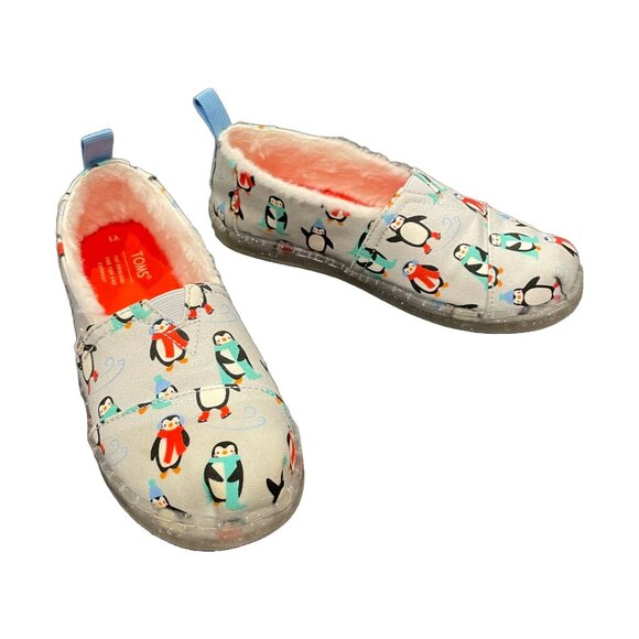 Kids Penguin Print Slip-On Shoes — Faux Fur Lined — TOMS Size 1 NWOT - Picture 2 of 8